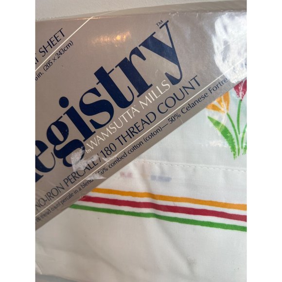 Vintage 80s Registry Double Flat Sheet Primarily Bouquets Red Yellow Blue Floral - Picture 3 of 7